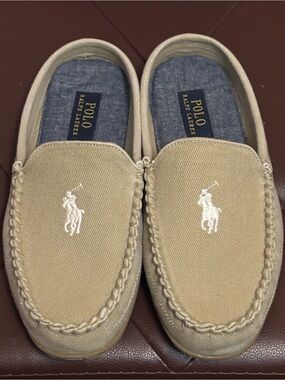 Ralph Lauren Khaki Canvas Slip-On Loafers with White Polo Logo Too BIG 4 ME🥺